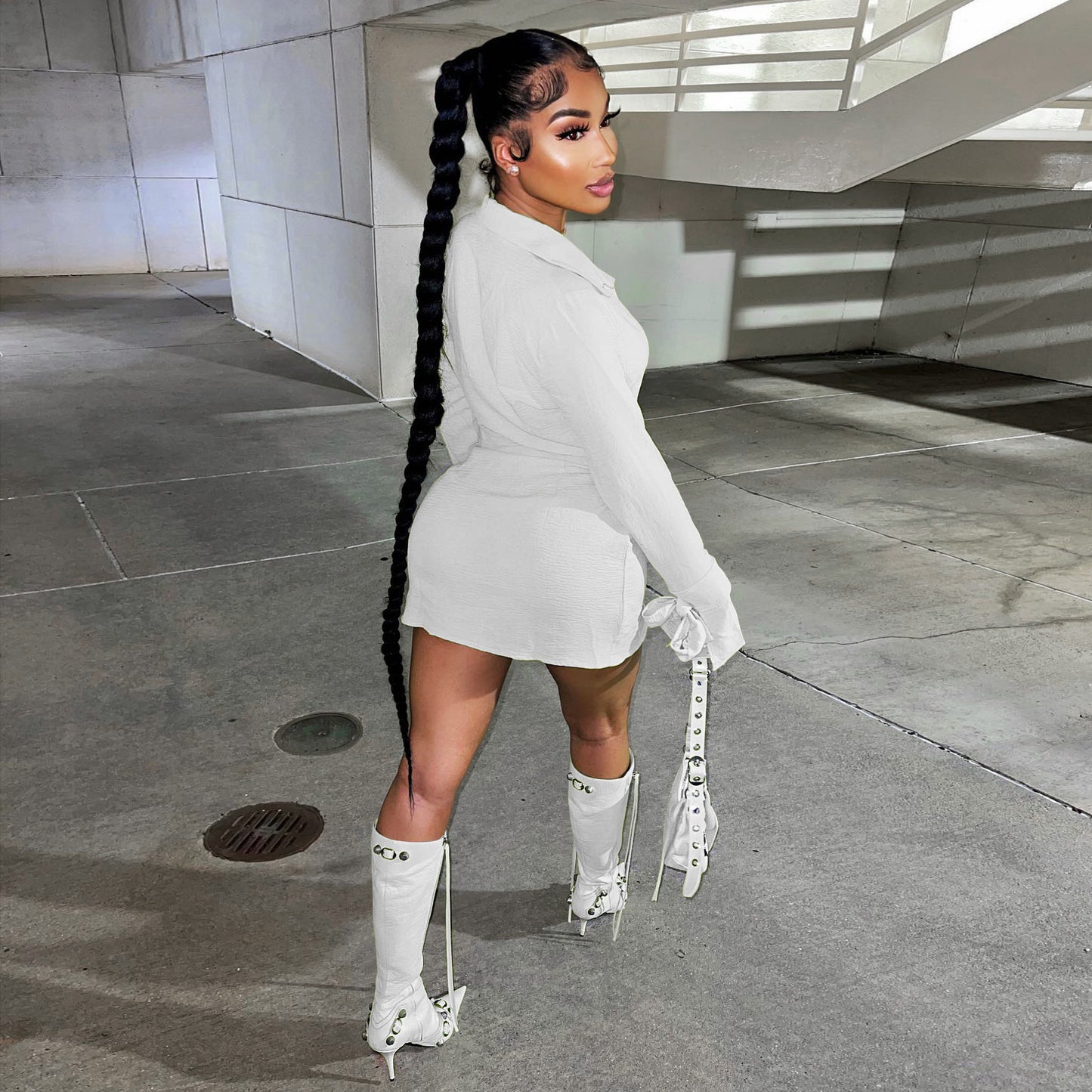 Pleated Criss Cross Shirt Dress