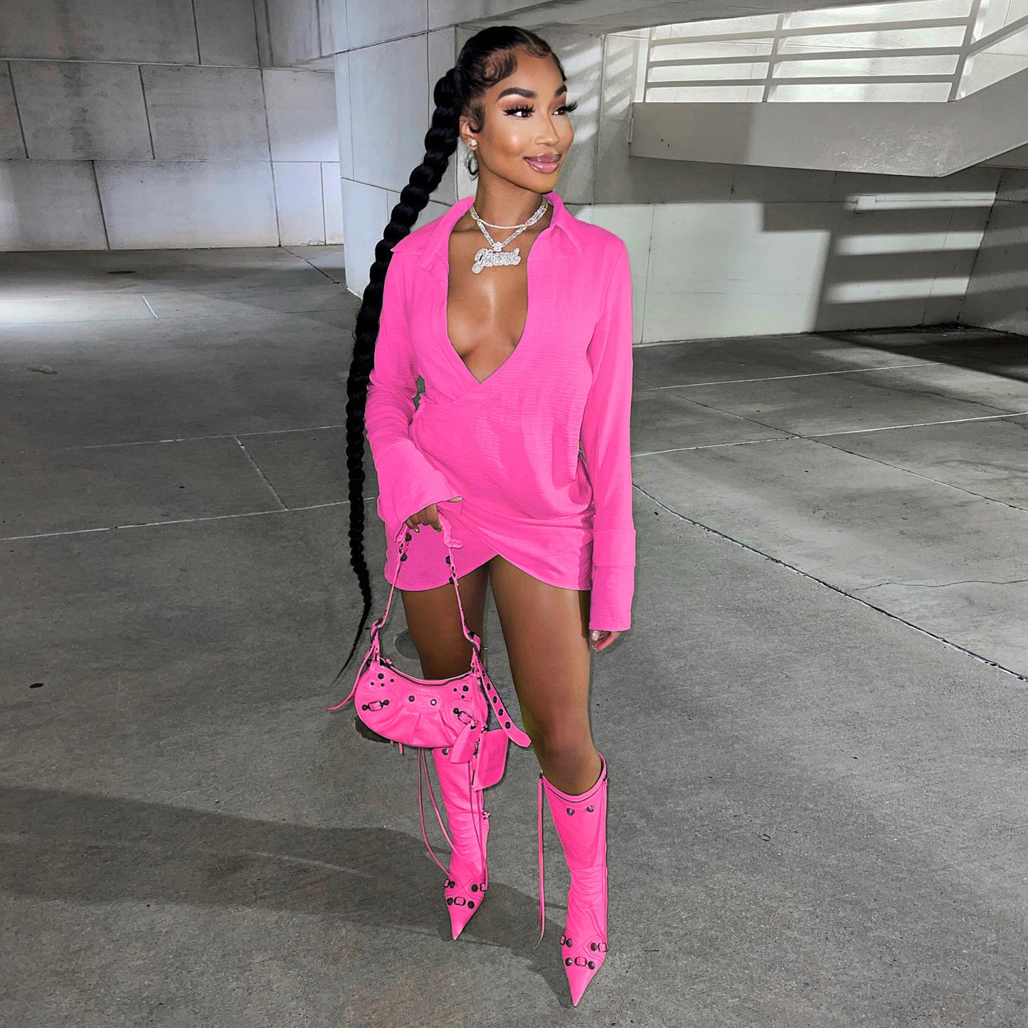 Pleated Criss Cross Shirt Dress