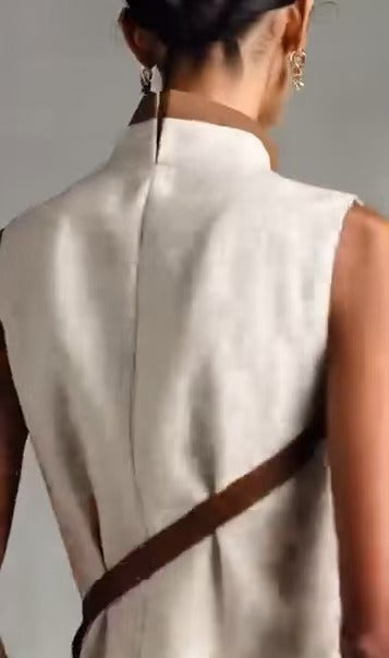 Sleeveless Stand Collar Cotton Linen Dress