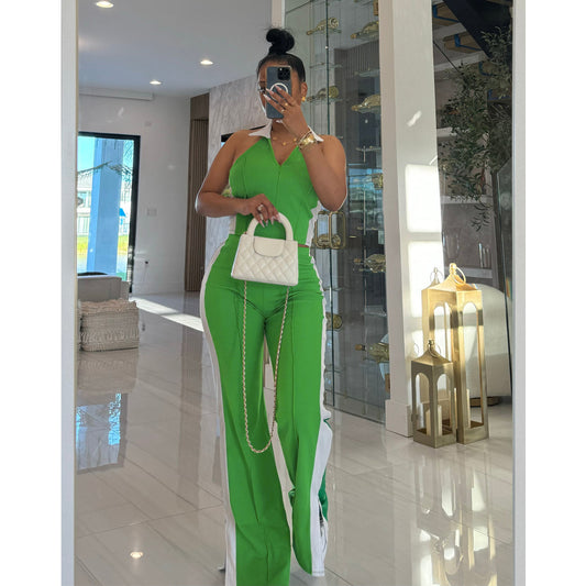 Contrast Color V neck Two Piece Pants Set