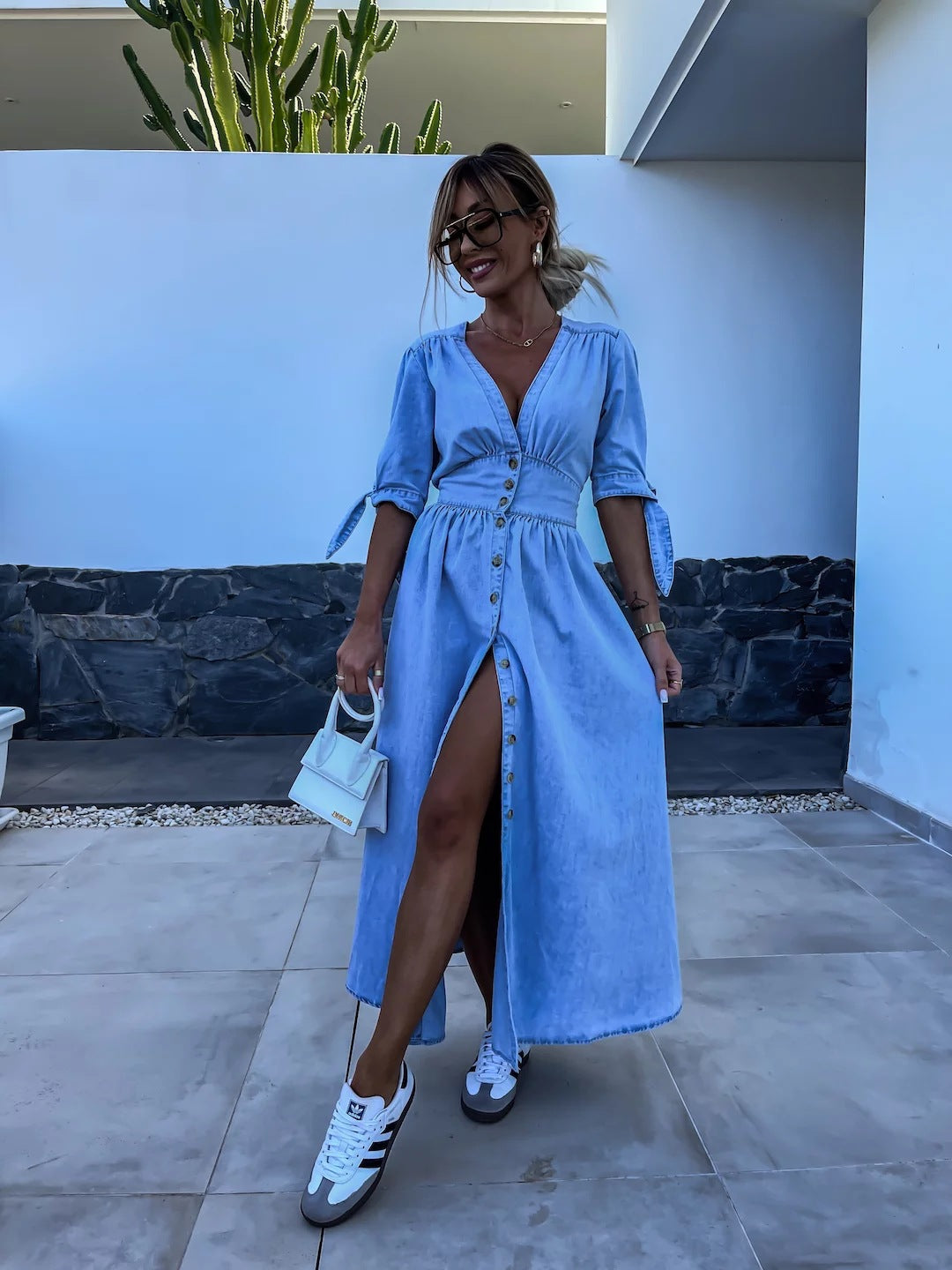 Women Clothing Sexy V Neck Long Button Denim Dress