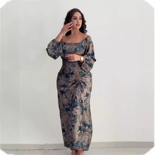 Floral U Shaped Collar long Sleeves Dress