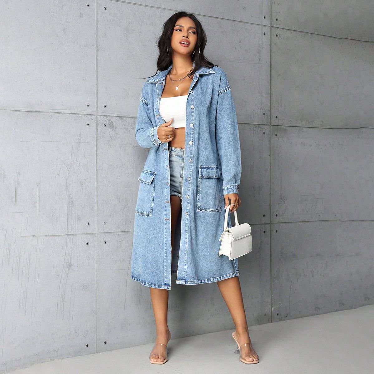 Luxe Long Denim Trench Coat