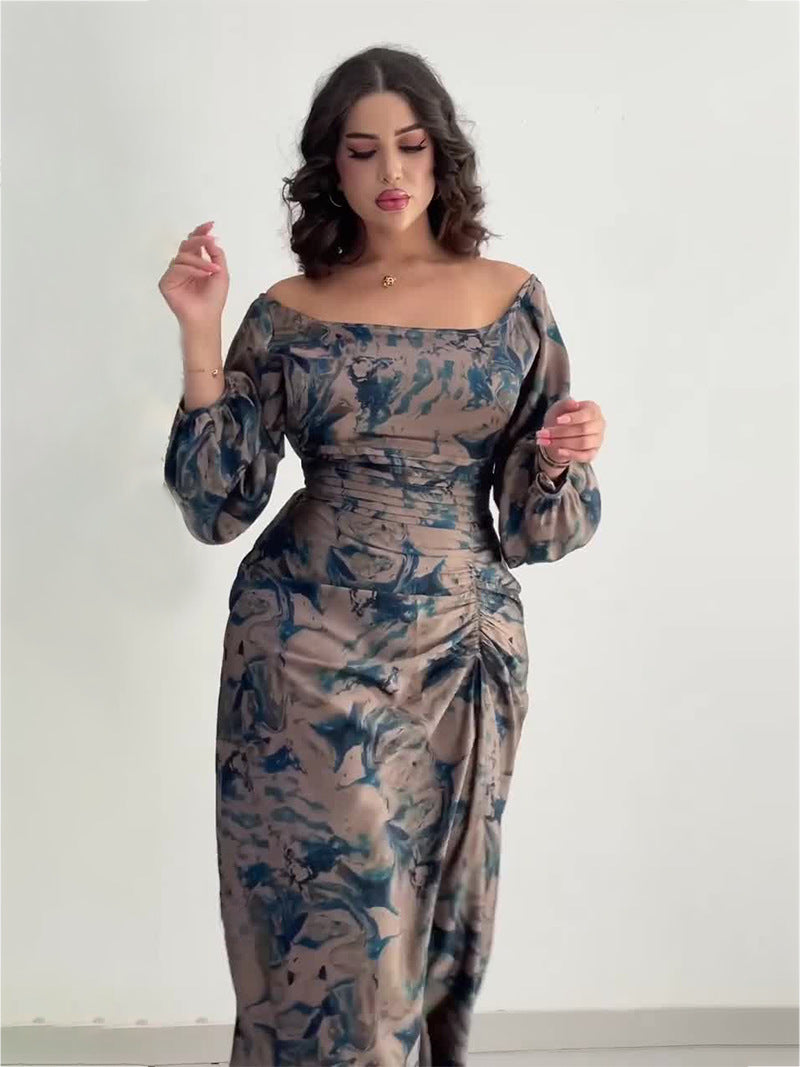 Floral U Shaped Collar long Sleeves Dress