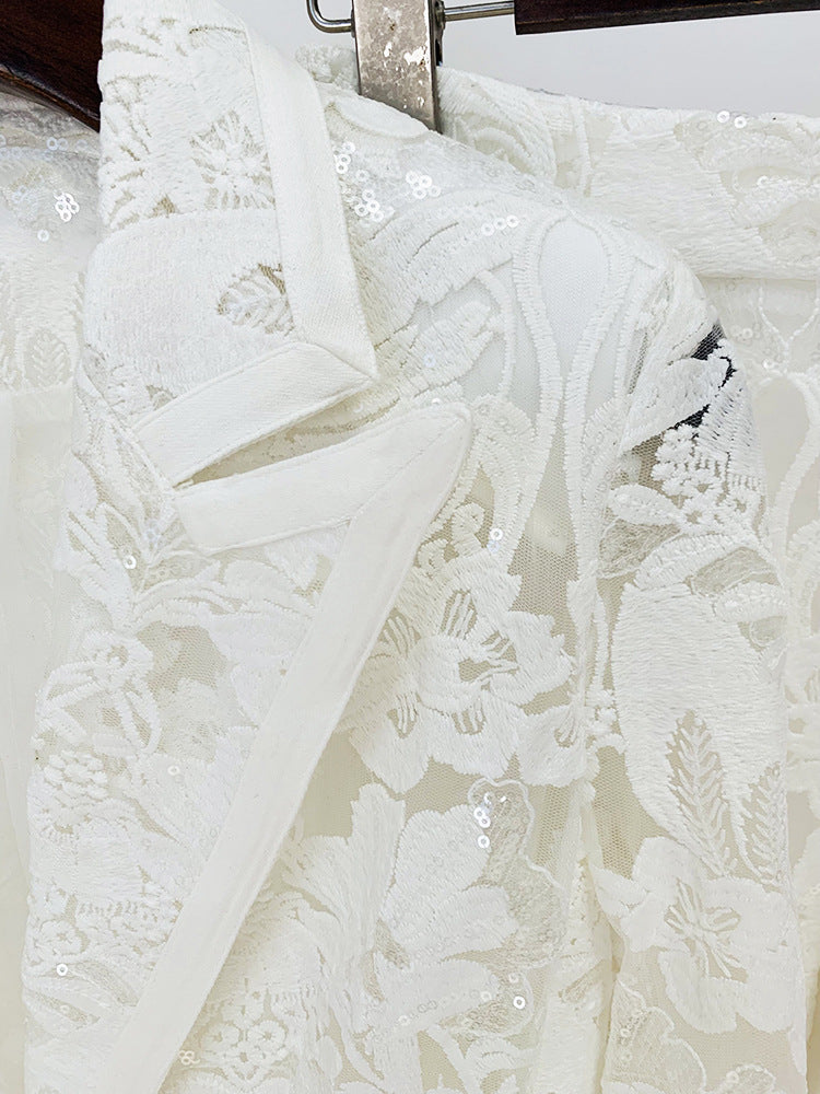 Two Piece Mesh  Embroidery Blazer Suit