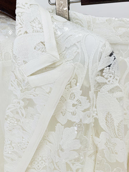 Two Piece Mesh  Embroidery Blazer Suit