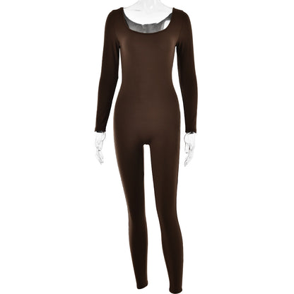 Soft High Elastic Long Sleeve U Collar Jumpsuit