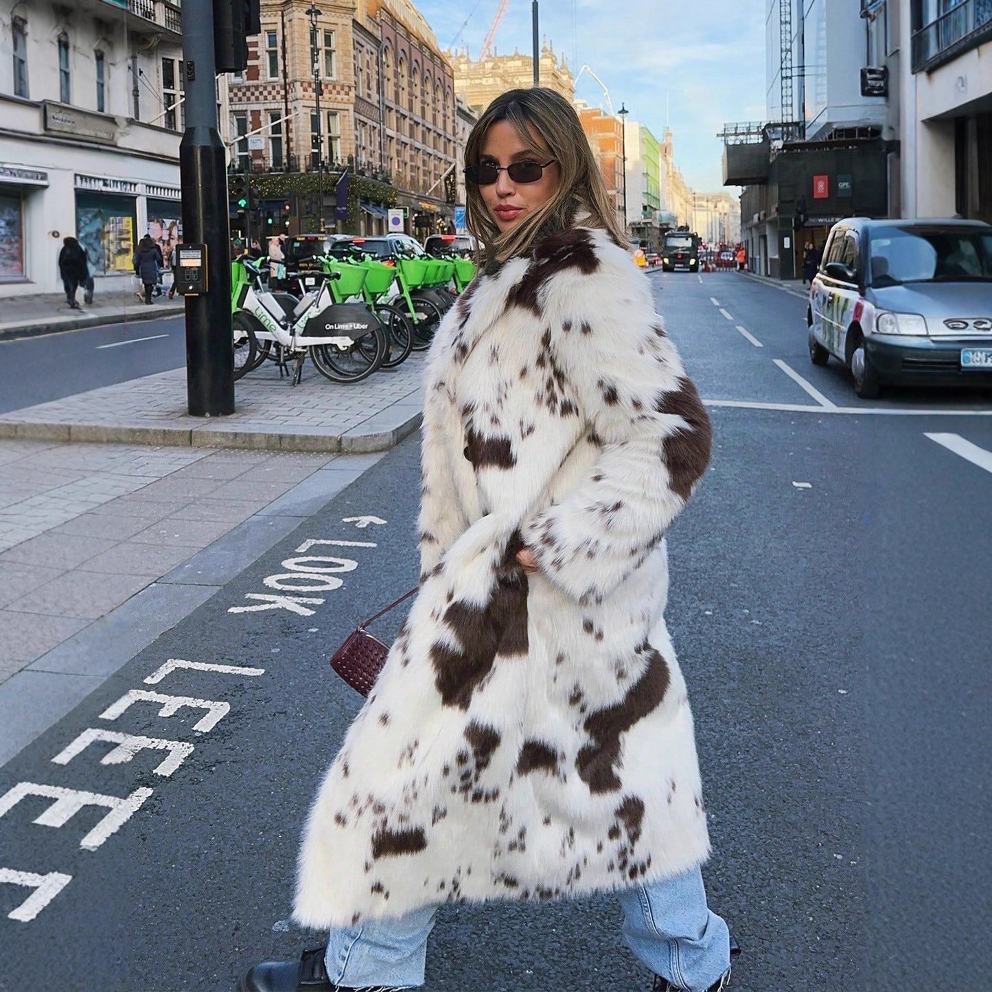 Long Animal Print Faux Fur Plush Coat
