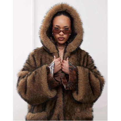 Warm Hooded Fur Trench Coat