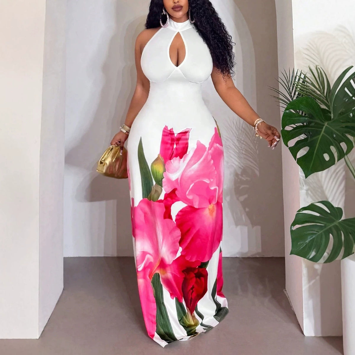 Luxe Curve Halter Hollow Cutout out Sexy Waist Trimming Sheath Dress