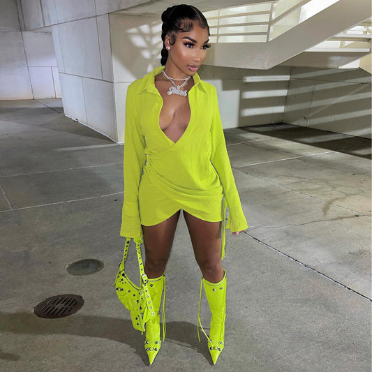 Pleated Criss Cross Shirt Dress