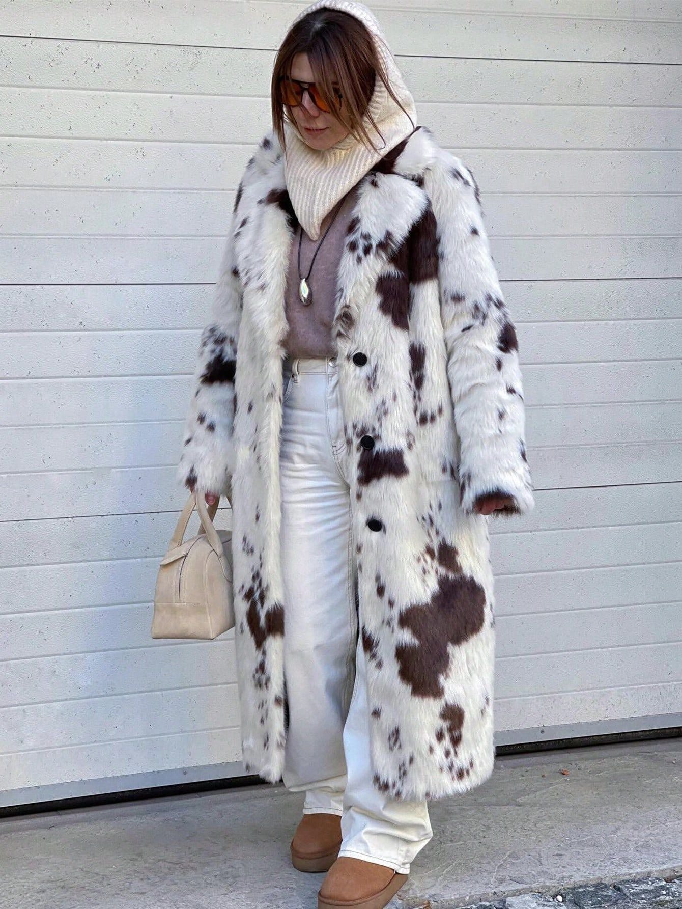 Long Animal Print Faux Fur Plush Coat
