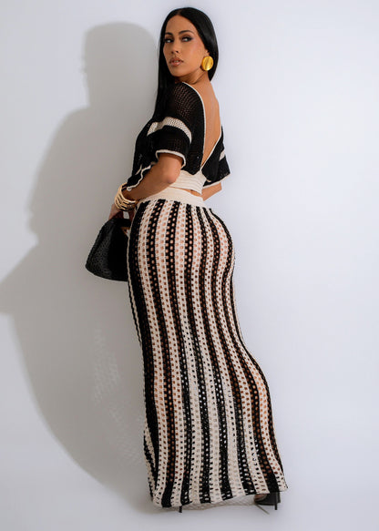 V Neck Hollow Out Striped Knitted Skirt Set