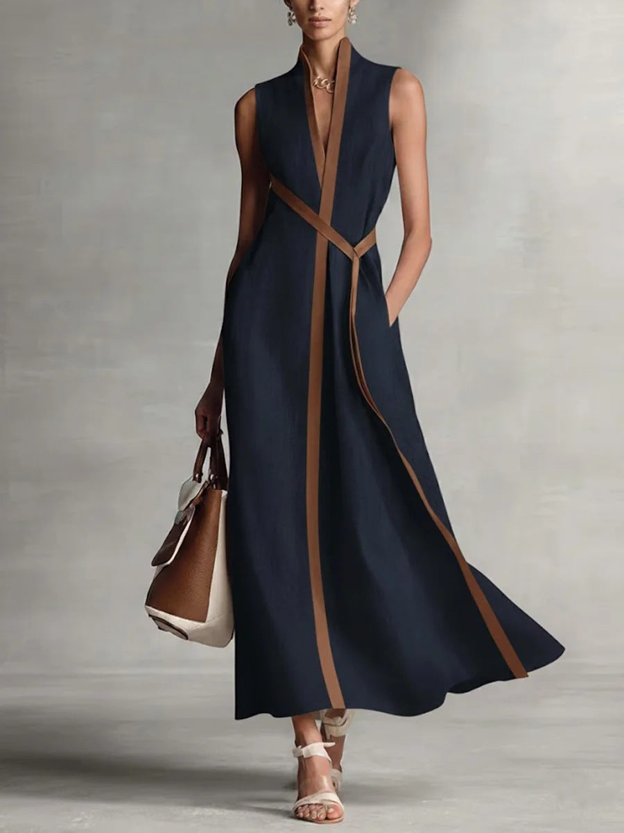 Sleeveless Stand Collar Cotton Linen Dress