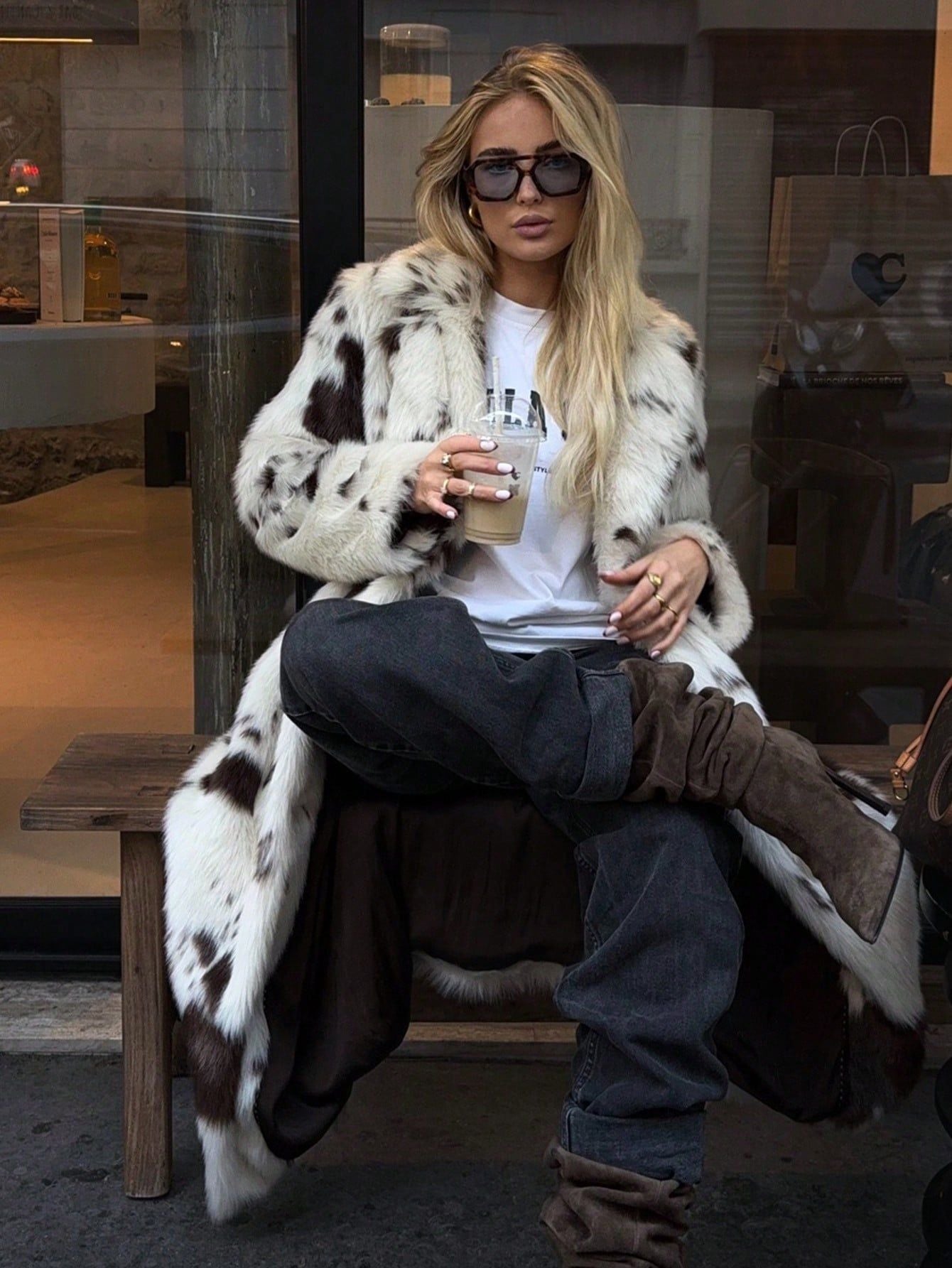 Long Animal Print Faux Fur Plush Coat