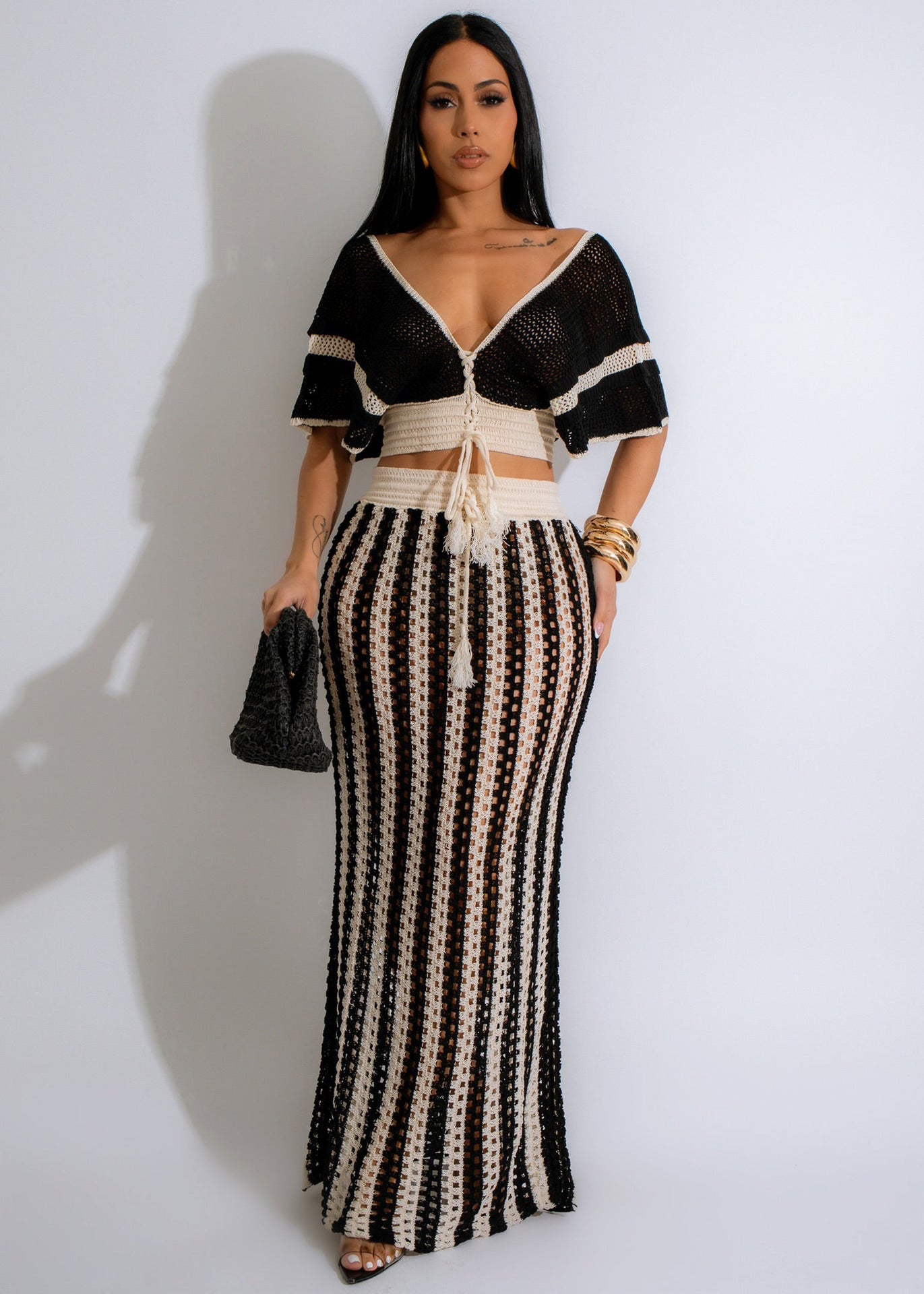 V Neck Hollow Out Striped Knitted Skirt Set