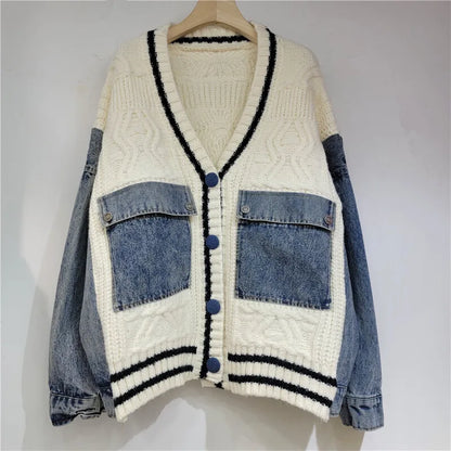 Denim Pockets Patchwork Knit Cardigan