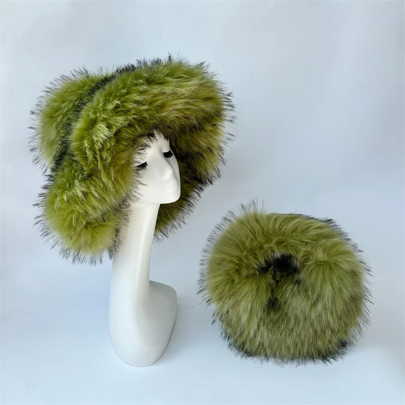 Fluffy Oversized Y2K Bucket Hat & Fur Bag