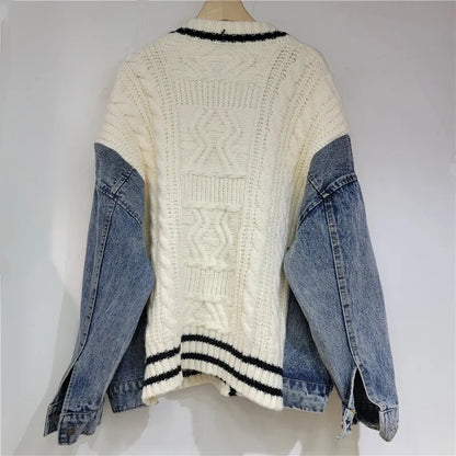 Denim Pockets Patchwork Knit Cardigan