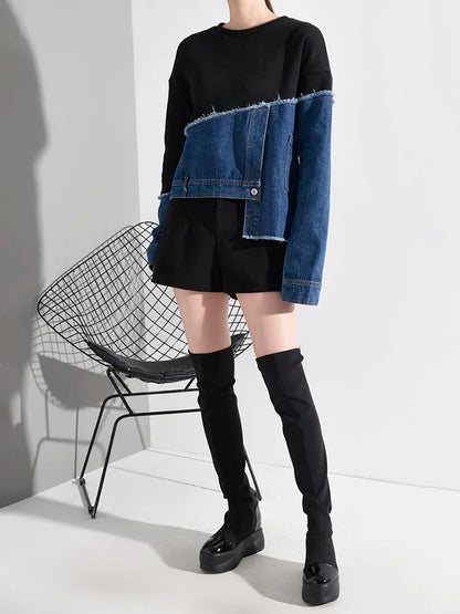 Denim Burr Split Asymmetrical Sweatshirt
