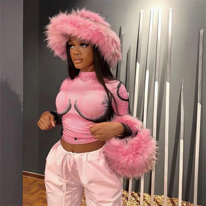 Fluffy Oversized Y2K Bucket Hat & Fur Bag