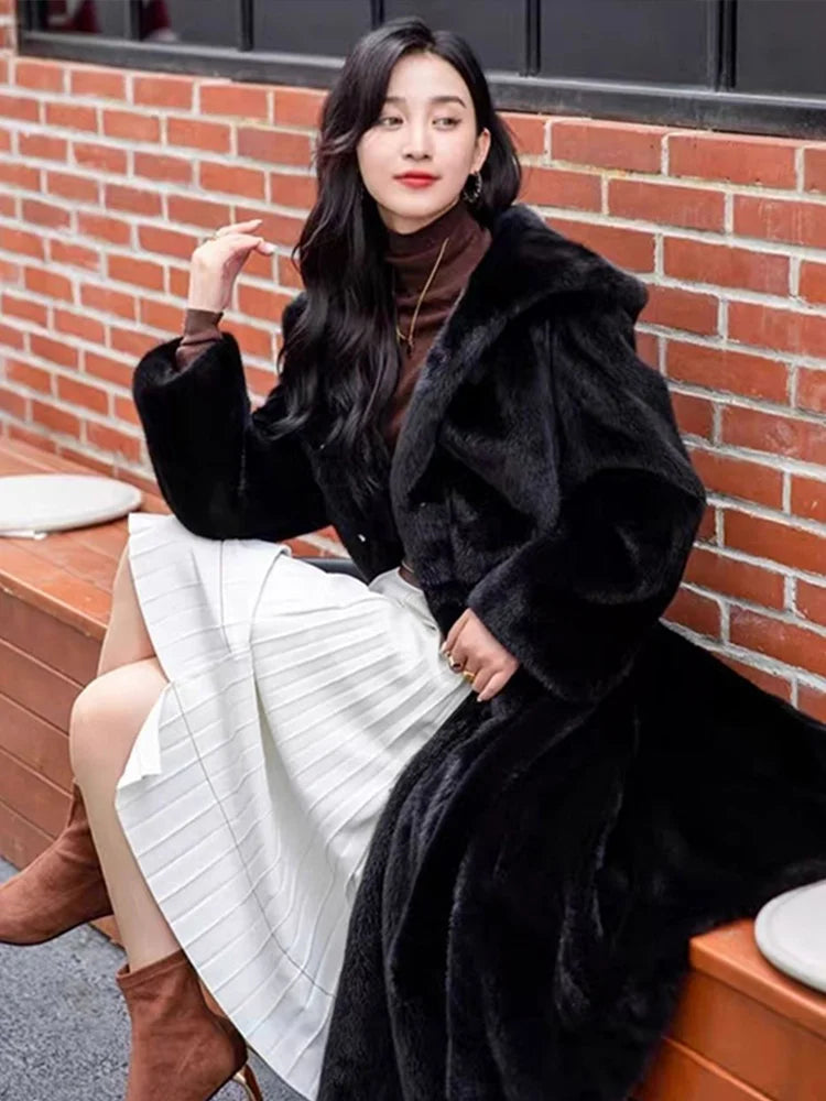 Faux Fur Hooded Coat With Belt