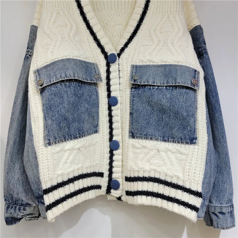 Denim Pockets Patchwork Knit Cardigan