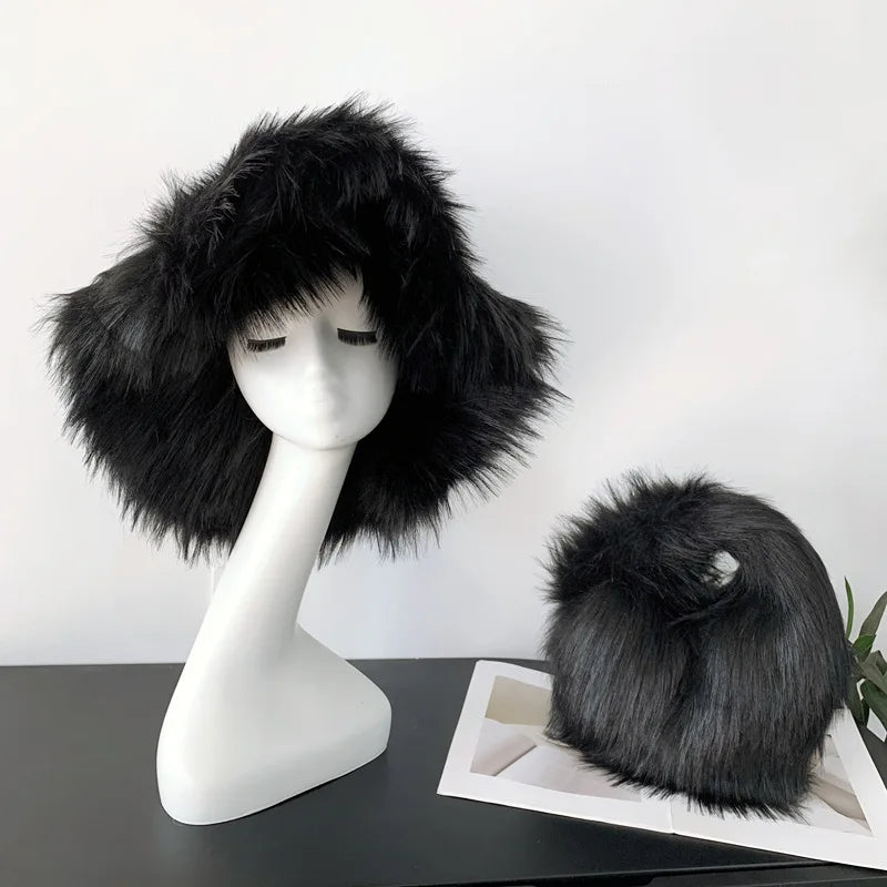 Fluffy Oversized Y2K Bucket Hat & Fur Bag