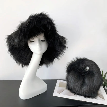 Fluffy Oversized Y2K Bucket Hat & Fur Bag