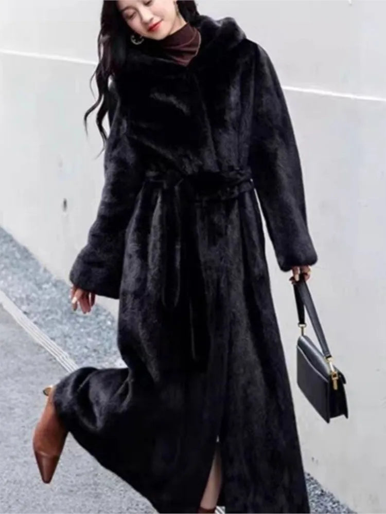 Faux Fur Hooded Coat With Belt