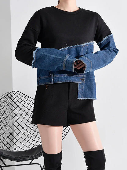 Denim Burr Split Asymmetrical Sweatshirt