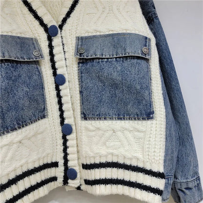 Denim Pockets Patchwork Knit Cardigan