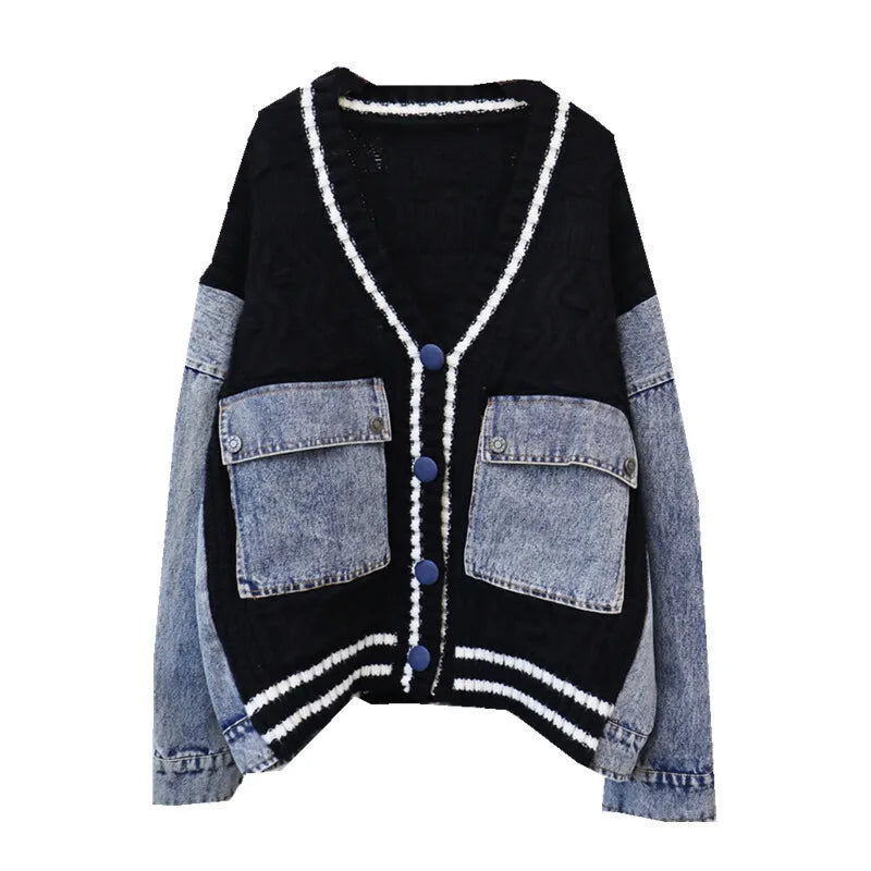 Denim Pockets Patchwork Knit Cardigan