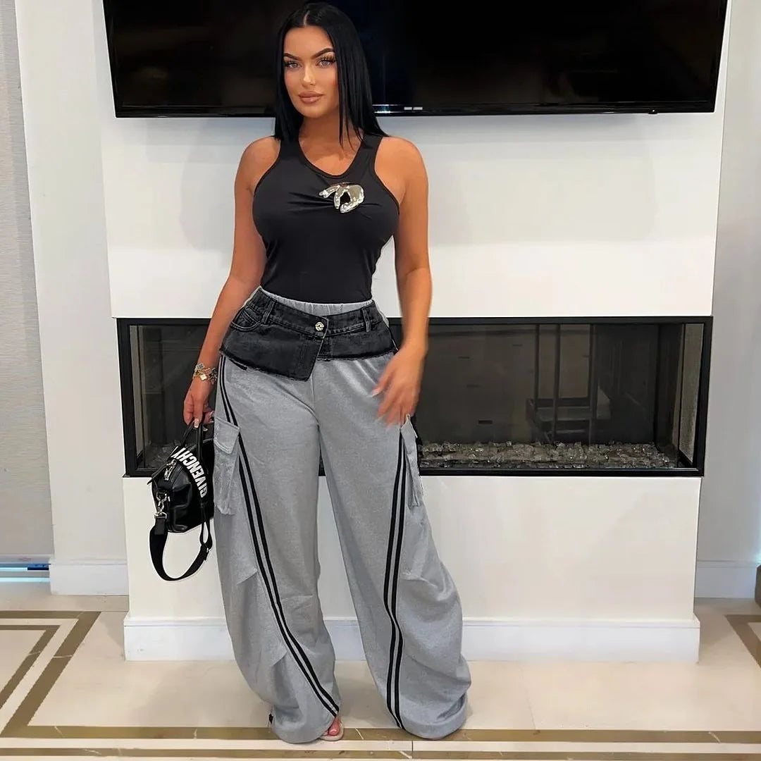 Denim Patchwork Loose Jogger Pants