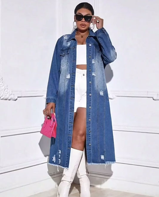 Ripped Long Sleeves Trench Denim