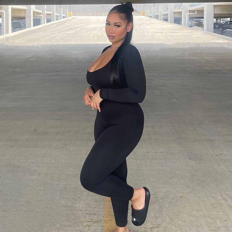 Soft High Elastic Long Sleeve U Collar Jumpsuit