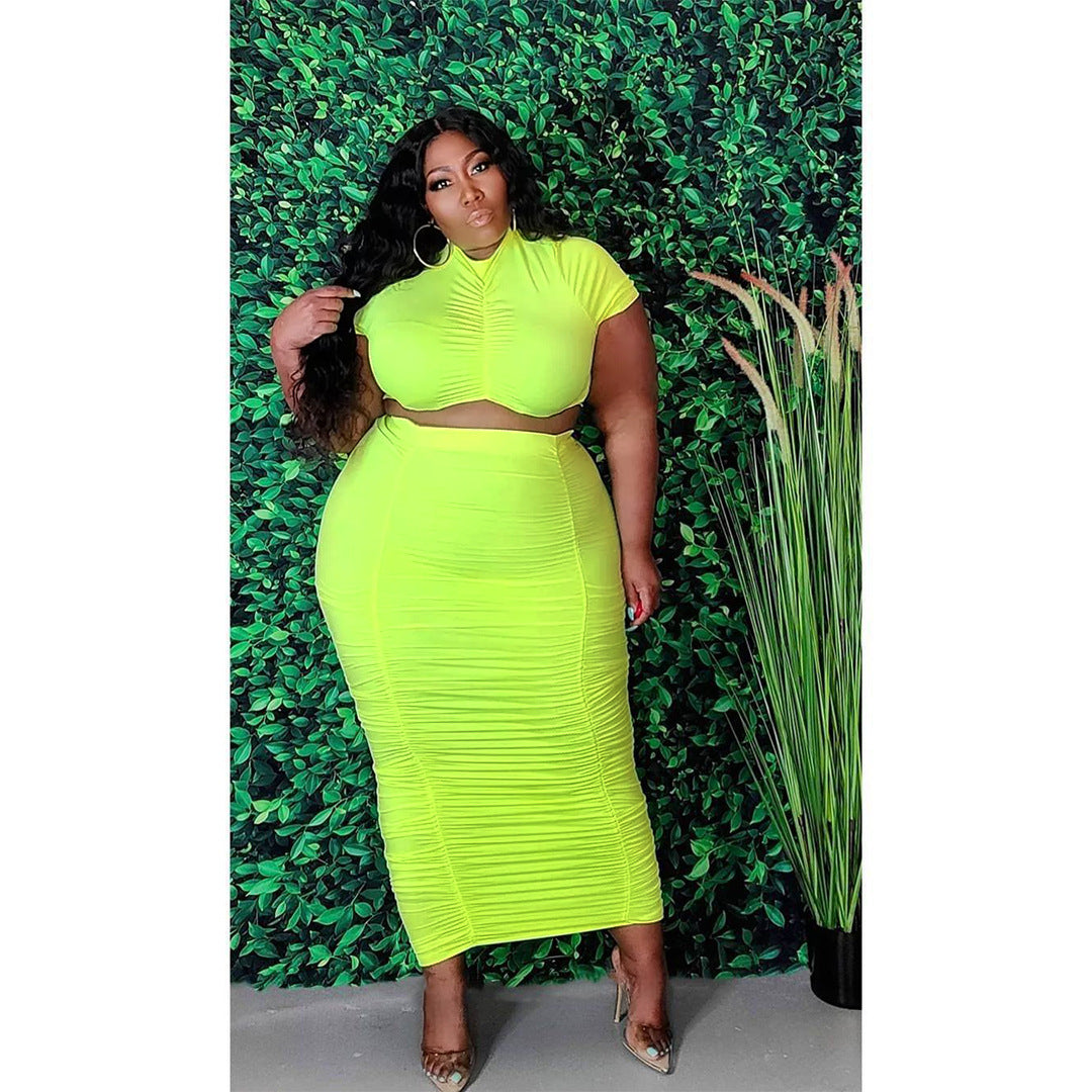 Solid Color Pleated Two-Piece Skirt Set