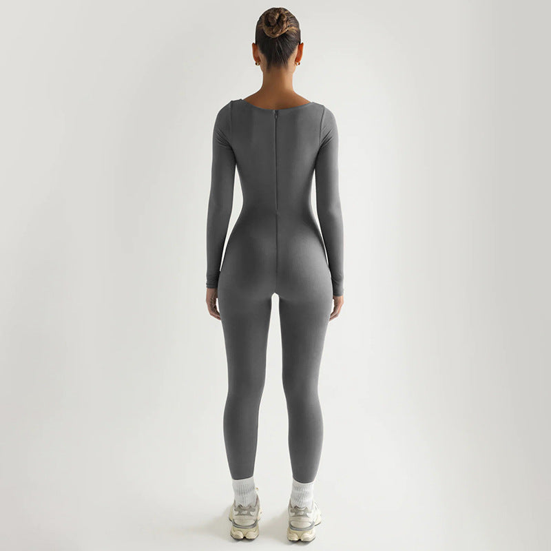 Soft High Elastic Long Sleeve U Collar Jumpsuit