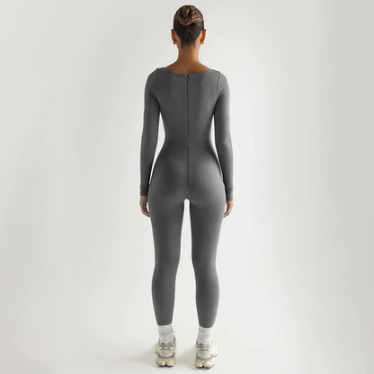 Soft High Elastic Long Sleeve U Collar Jumpsuit