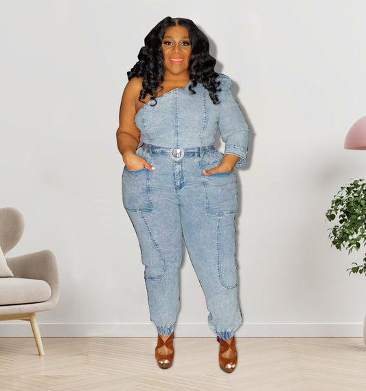 Single Sleeve Denim  Jumpsuit