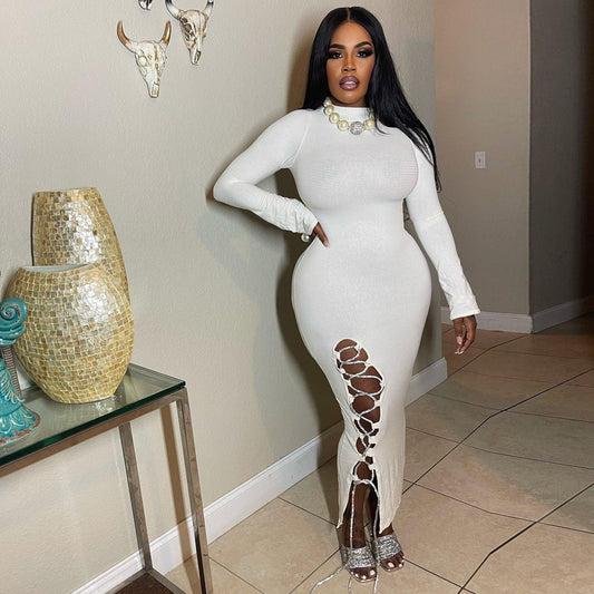 High Neck Ribbing Rope Maxi Dress